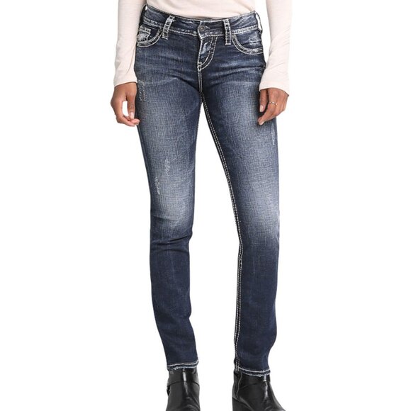 NWT Silver Jeans Suki Mid Rise Straight In Indigo 34 Inch - Picture 1 of 3